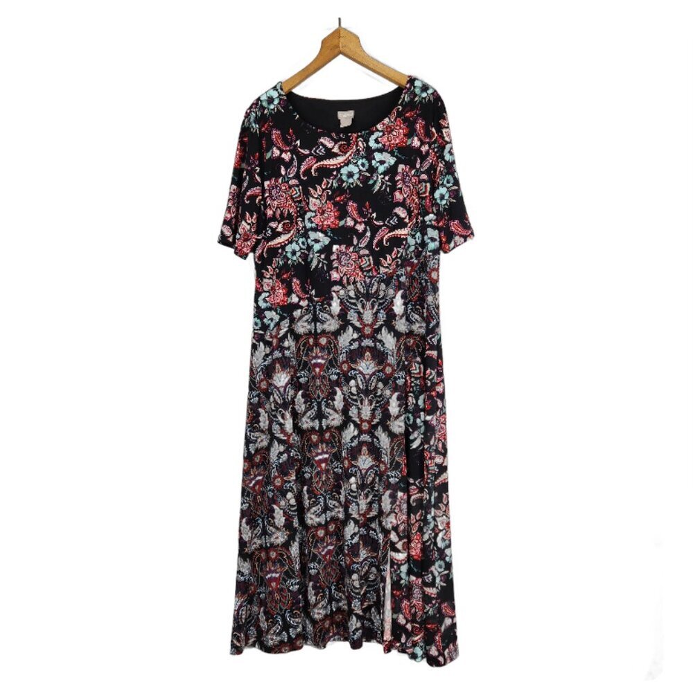 Chico's Shift Dress Plus Size 2 Black Red Blue Floral Midi Flutter Elegant